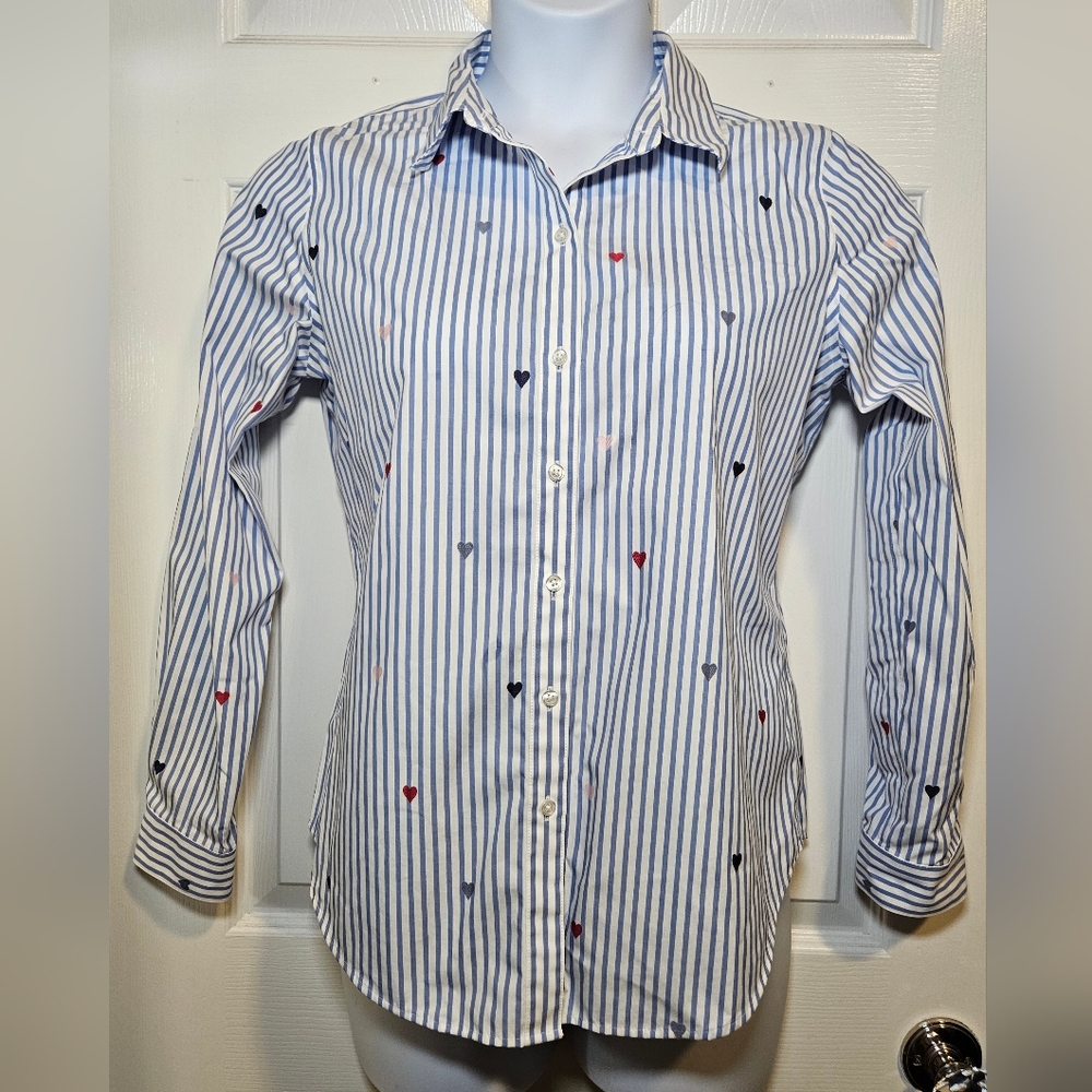 Coldwater Creek Blue and White Striped Heart Button Down Shirt